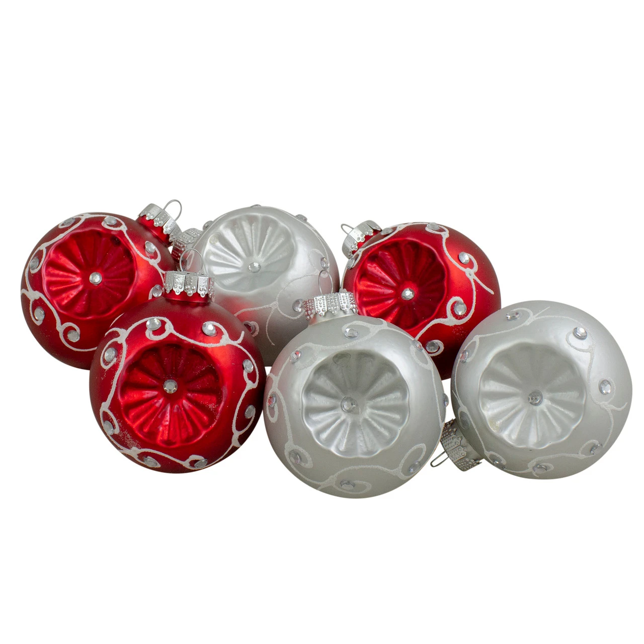 6ct Red And Silver Retro Reflector Matte Glass Christmas Ball Ornament Set 3.25" (82mm) 1 6ct Red And Silver Retro Reflector Matte Glass Christmas Ball Ornament Set 3.25" (82mm)