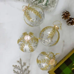 4ct Clear And Gold Glitter Leaves Glass Christmas Ball Ornament 3.25" (80mm) -Best Christmas Store northlight wy27602 3 54209.1667657971