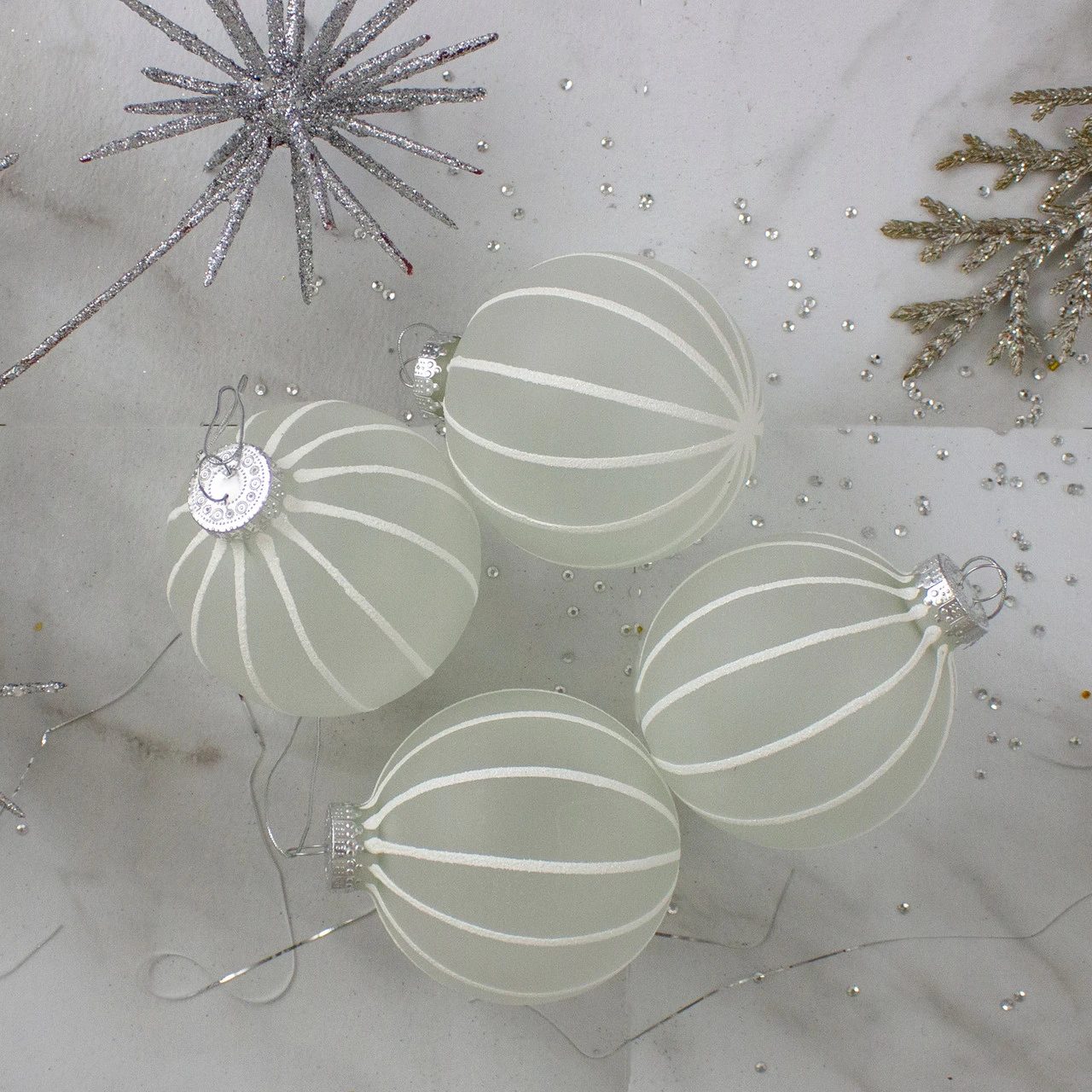 4ct Clear Frosted And White Glitter Striped Matte Glass Christmas Ball Ornaments 3.5" (90mm) 3 4ct Clear Frosted And White Glitter Striped Matte Glass Christmas Ball Ornaments 3.5" (90mm) - Image 3