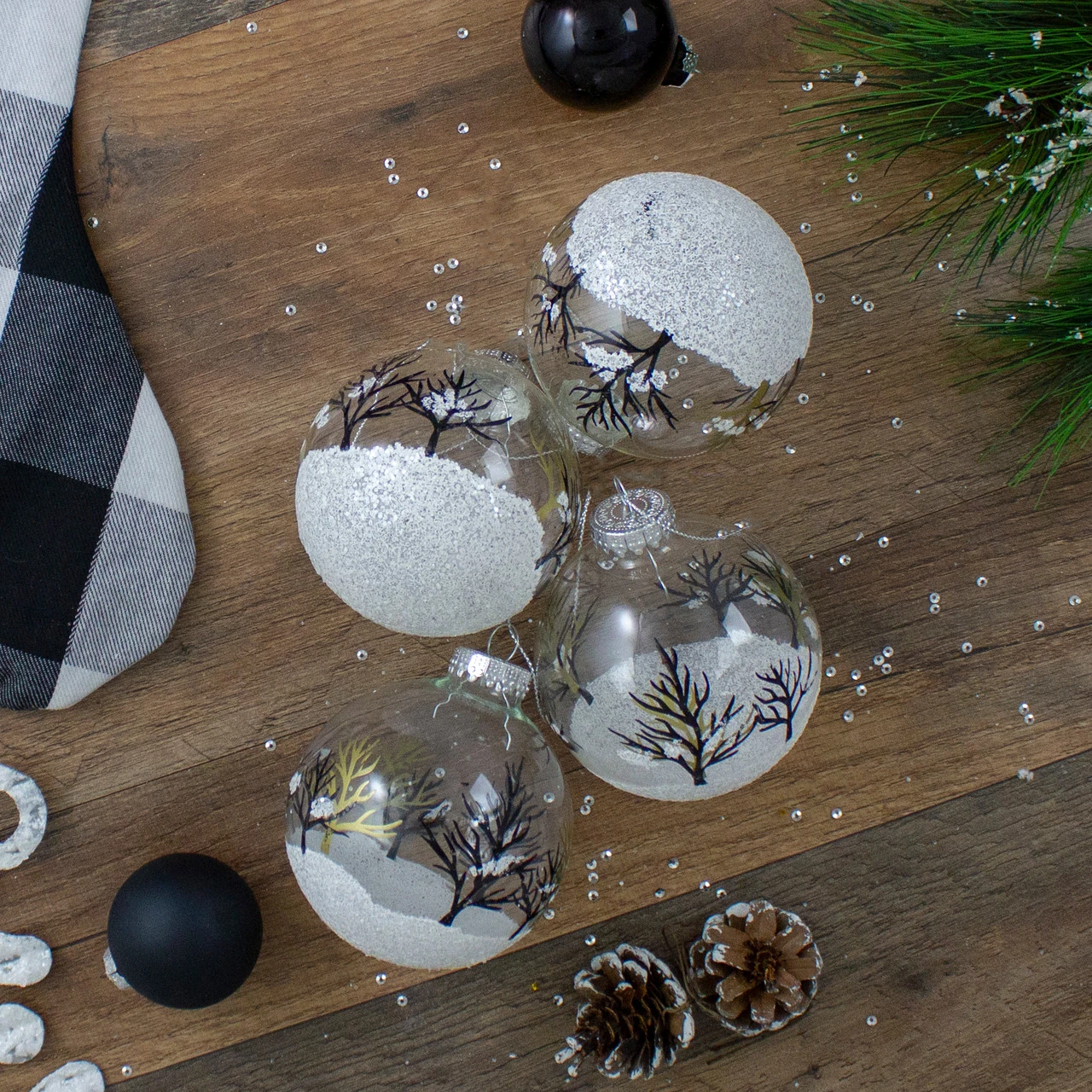 4ct Clear And Frosted Winter Tree Glass Christmas Ball Ornaments 3.25" (80mm) 3 4ct Clear And Frosted Winter Tree Glass Christmas Ball Ornaments 3.25" (80mm) - Image 3