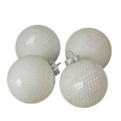4ct White Sequined Shiny Christmas Ball Ornaments 2.75" (70mm)