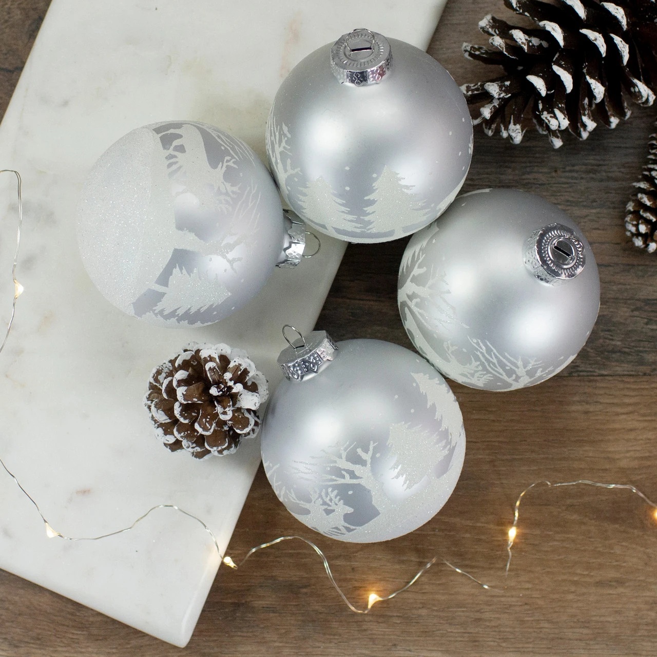 4ct Matte And Frosted White Glass Hanging Christmas Ball Ornaments 3.25" (80mm) 2 4ct Matte And Frosted White Glass Hanging Christmas Ball Ornaments 3.25" (80mm) - Image 2