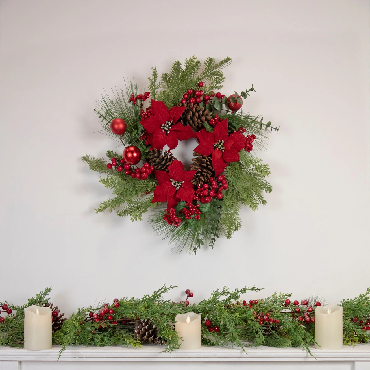 Artificial Red Berry And Poinsettia Christmas Wreath, 22-Inch, Unlit 2 Artificial Red Berry And Poinsettia Christmas Wreath, 22-Inch, Unlit - Image 2