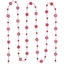 9' Red And White Peppermint Candy Beaded Christmas Garland, Unlit