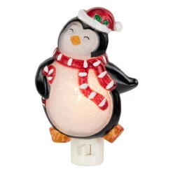 6" Black And Red Happy Penguin In Santa Hat Christmas Night Light