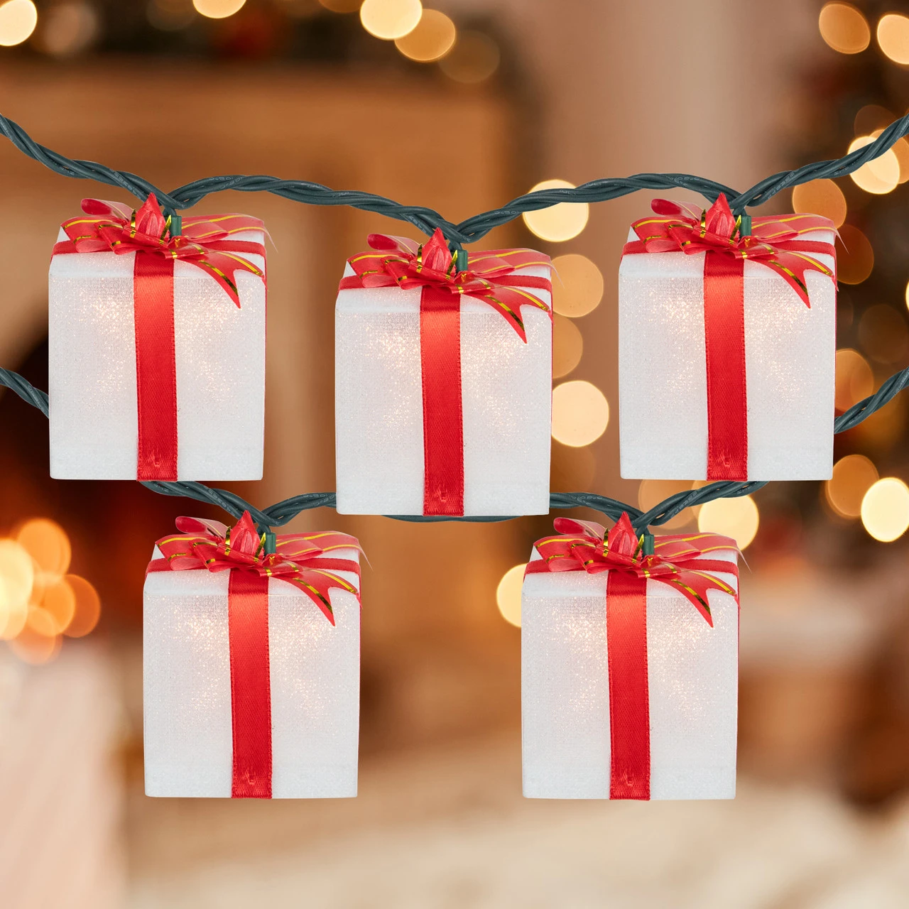 10-Count White And Red Christmas Present Light Set- 7.5ft, Green Wire 1 10-Count White And Red Christmas Present Light Set- 7.5ft, Green Wire