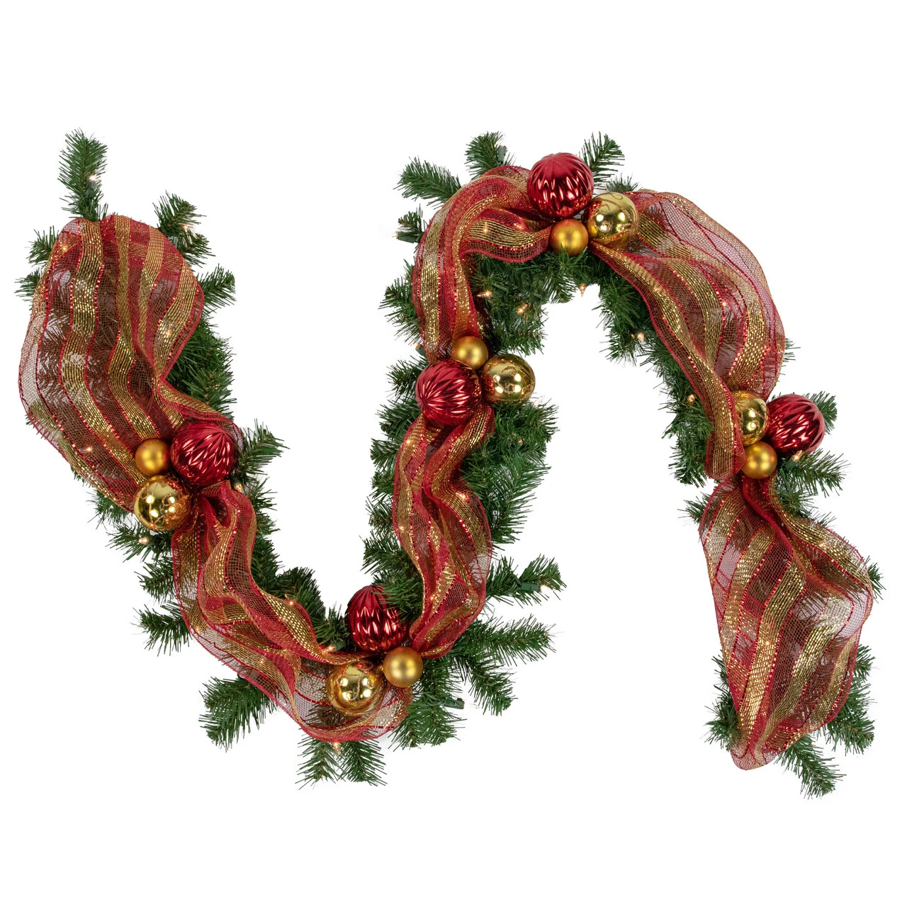 6ft Pre-Lit Decorated Red And Gold Artificial Christmas Garland, Clear Lights 1 6ft Pre-Lit Decorated Red And Gold Artificial Christmas Garland, Clear Lights