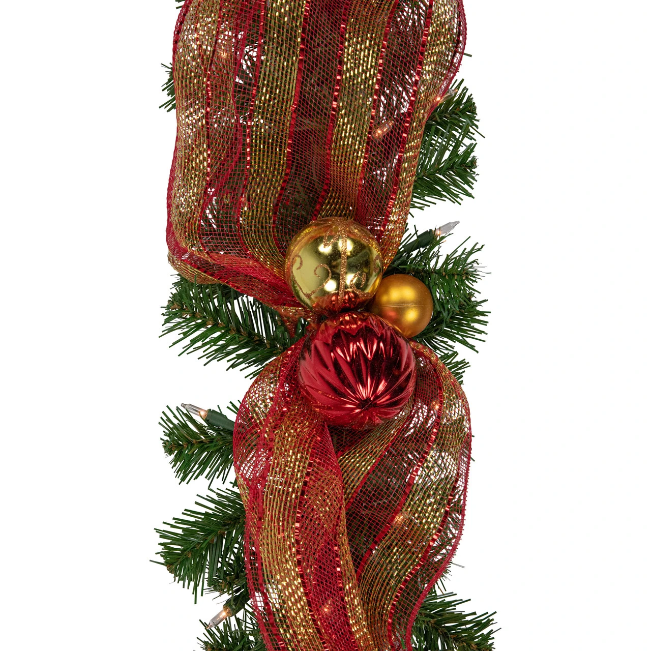 6ft Pre-Lit Decorated Red And Gold Artificial Christmas Garland, Clear Lights 3 6ft Pre-Lit Decorated Red And Gold Artificial Christmas Garland, Clear Lights - Image 3