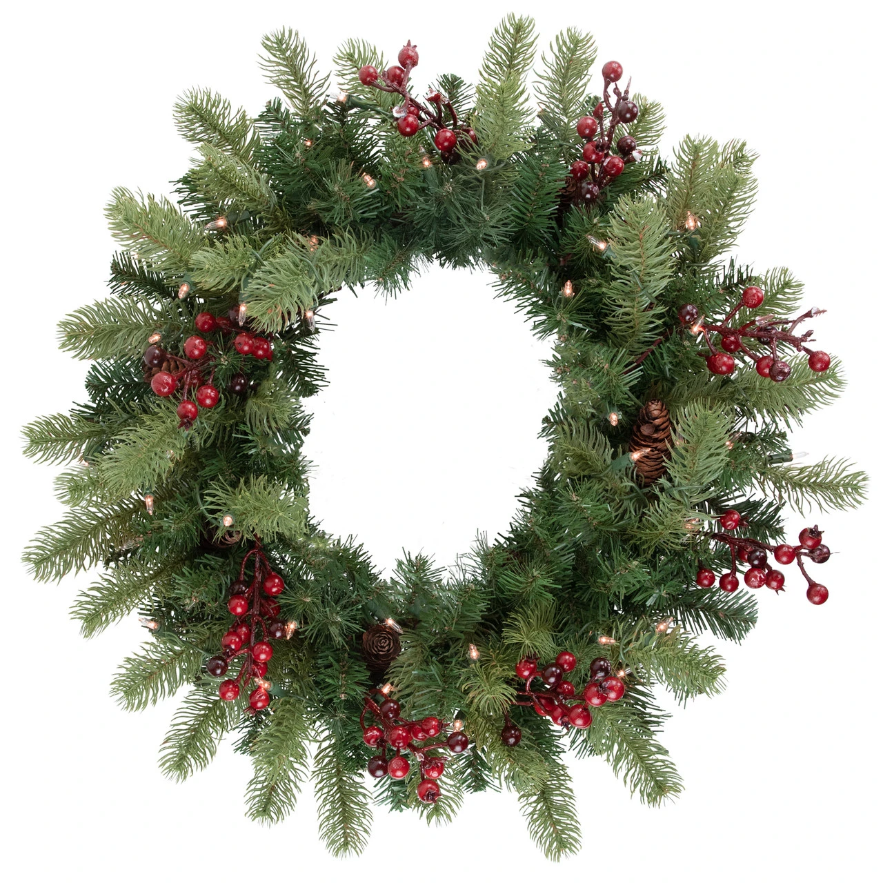 Pre-lit Noble Fir With Red Berries And Pine Cones Artificial Christmas Wreath - 24" - Clear Lights 2 Pre-lit Noble Fir With Red Berries And Pine Cones Artificial Christmas Wreath - 24" - Clear Lights - Image 2