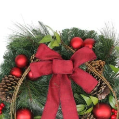 Red Berries And Ball Ornaments Artificial Christmas Wreath With Ribbon - 24-Inch, Unlit -Best Christmas Store northlightkji82585 54114.1667659834