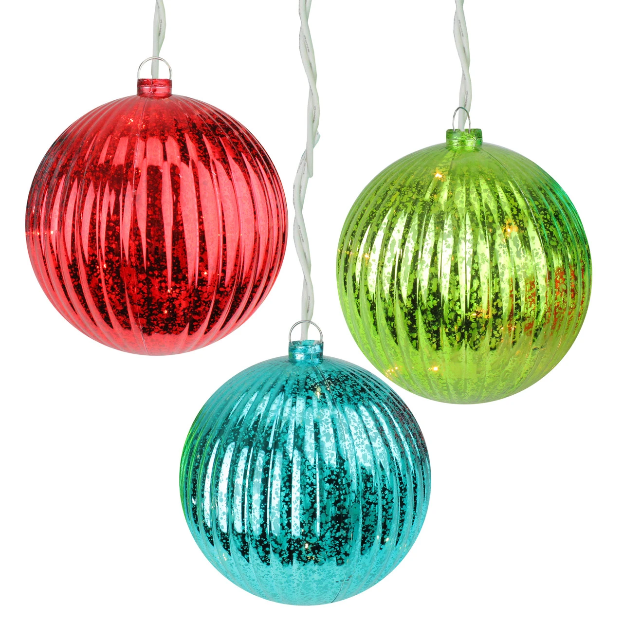 Set Of 3 Lighted Multi-Color Mercury Glass Finish Ribbed Ball Christmas Ornaments - Clear Lights 1 Set Of 3 Lighted Multi-Color Mercury Glass Finish Ribbed Ball Christmas Ornaments - Clear Lights