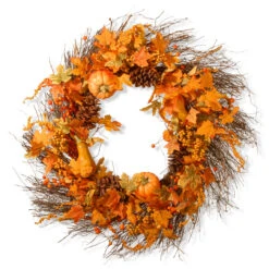 Maple Leaf And Pumpkins Artificial Autumn Wreath - 28-Inch, Unlit