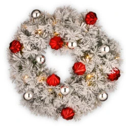 24” Pre-Lit Snowy Bristle Pine Wreath With Battery Operated Warm White LED Lights With Timer