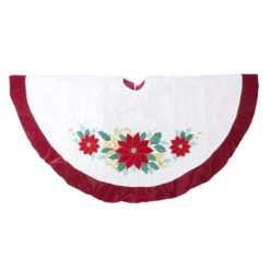 48" Ivory And Red Poinsettia Christmas Tree Skirt With Beads