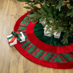 48" Red And Green Plaid Velveteen Christmas Tree Skirt