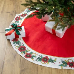 48" Red And White Poinsettia Christmas Tree Skirt