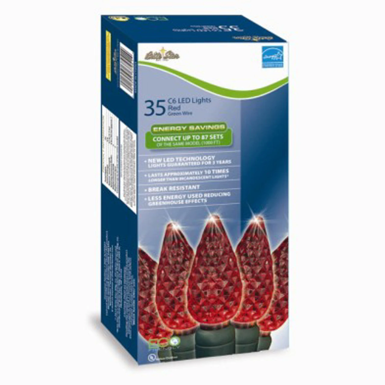 Set Of 35 Super Bright Festive Red LED C6 Faceted Christmas Lights - Green Wire 1 Set Of 35 Super Bright Festive Red LED C6 Faceted Christmas Lights - Green Wire