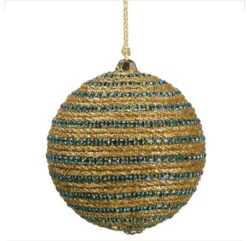 3" Regal Peacock Glittered Gold And Turquoise Blue Peacock Striped Christmas Ball Ornament
